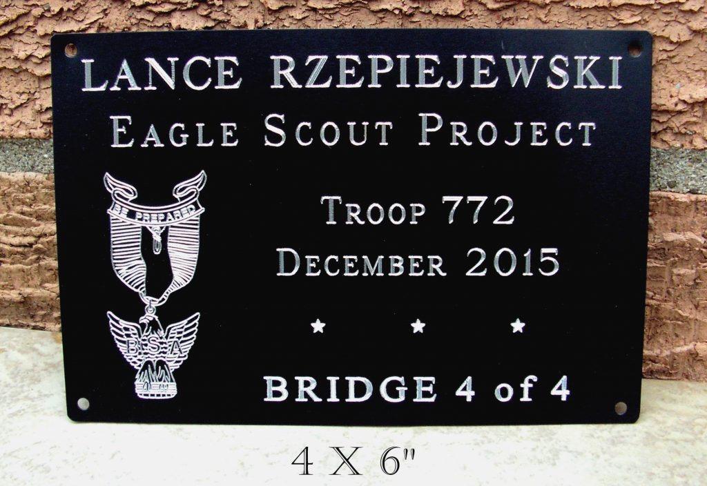 Eagle scout project marker, 4x6", screw mount, custom engraved black anodized alum.
