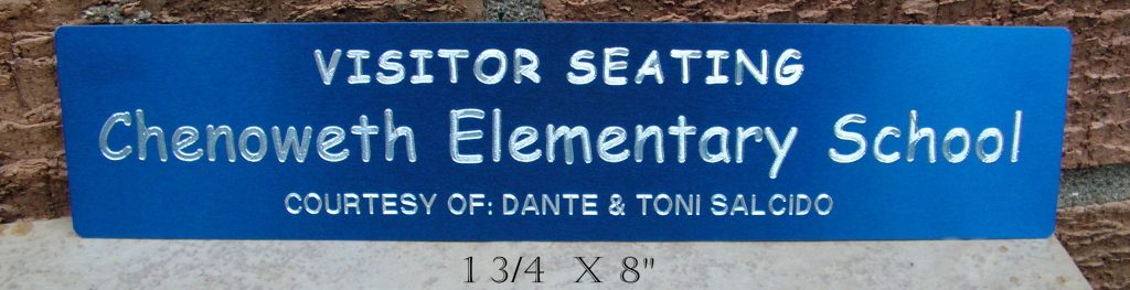 Custom engraved outdoor bench plate, 1 3/4 x 8", Blue anodized alum.