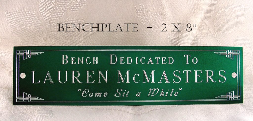 Engraved outdoor bench plate, 2x8", Green anodized alum.