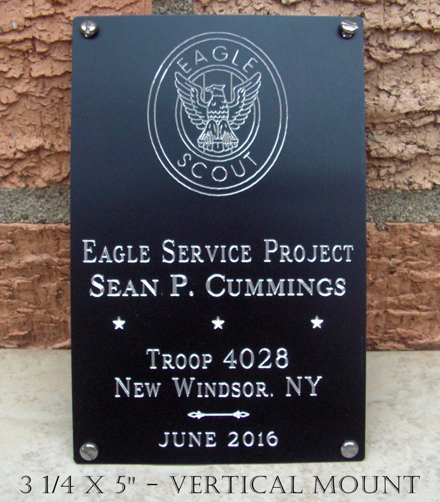 Eagle scout project post marker for a 4" post, engraved for vertical mount