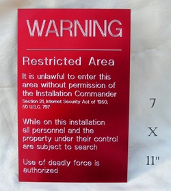 Custom engraved warning sign, vertial mount, red anodized alum