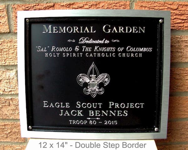 Eagle Scout project plaque, 12x14", Screw mount, Double step border, custom engraved black insert