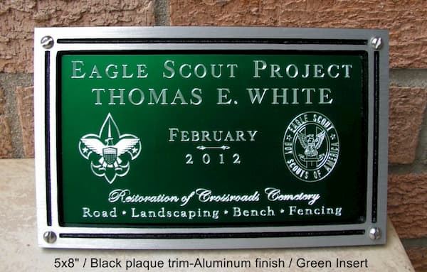 5x8" Outdoor plaque, Eagle scout project, Raised borders, Screw mount, Green engraved insert