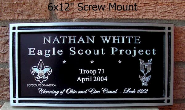 6x12" Outdoor plaque, Eagle scout project, screw mount, black custom engraved insert