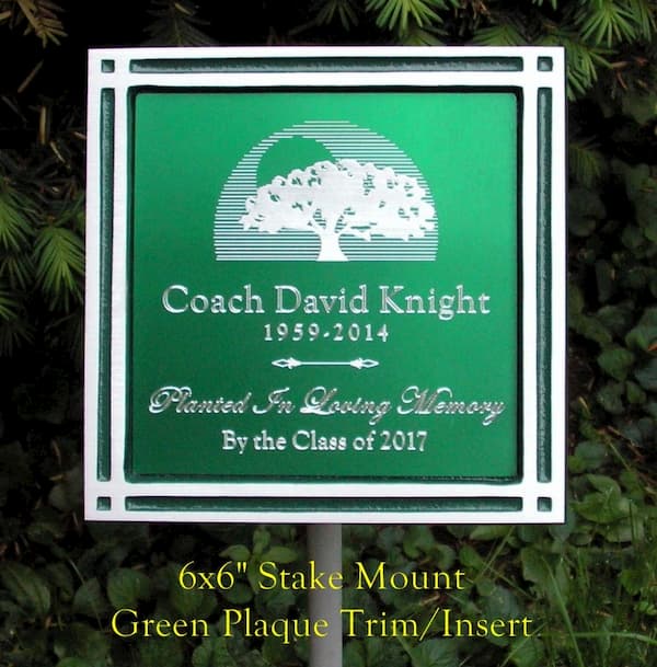 Memorial plaque, 6x6", Stake mount, Green plaque trim and insert