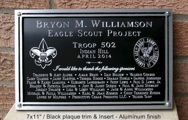 Eagle Scout project plaque, 7x11", Screw mount, Black plaque trim & insert