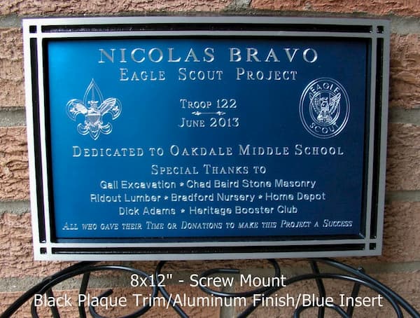 Eagle Scout project plaque, 8x12", screw mount, raised border, Black plaque trim / Blue anodized alum insert